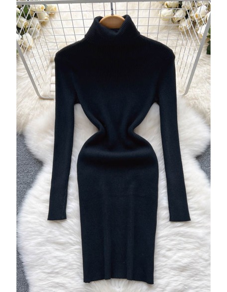 Turtleneck Knitted Dress Long Sleeves Slim Elastic Warm Dress