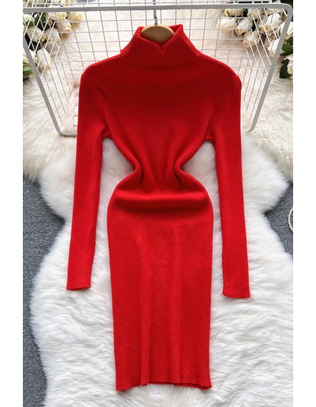 Turtleneck Knitted Dress Long Sleeves Slim Elastic Warm Dress