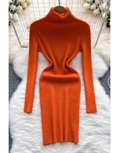 Turtleneck Knitted Dress Long Sleeves Slim Elastic Warm Dress