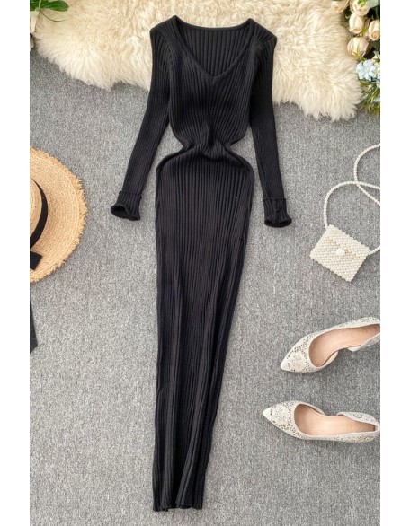 Women Knitted Dress V Neck Slim Elastic Sweater Dress Knit Warm Long Dress