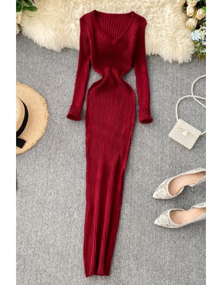 Women Knitted Dress V Neck Slim Elastic Sweater Dress Knit Warm Long Dress