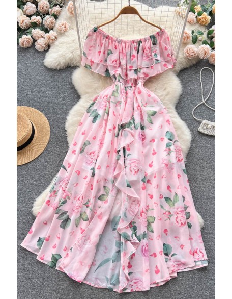 Floral Print Women Dress Ruffled Slash Neck Elastic Waist Fashion Vacation Ladies A Line Maxi Dresses