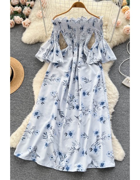 Floral Print Strapless Dress Women Slash Neck Flare Sleeve Elastic Waist Lady Vacation Fashion Line Dress