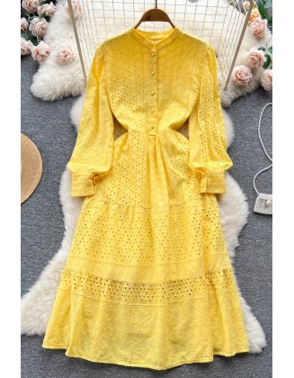 Embroidery Dress Women Lantern Sleeve Slim Hollow Out Fashion Ladies A Line Long Dress