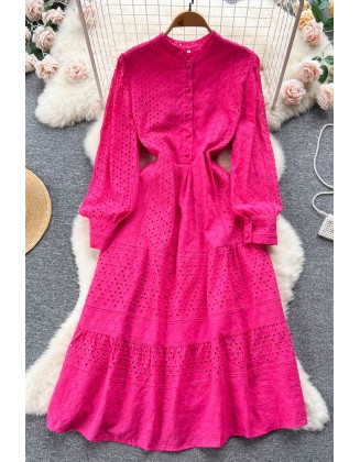 Embroidery Dress Women Lantern Sleeve Slim Hollow Out Fashion Ladies A Line Long Dress