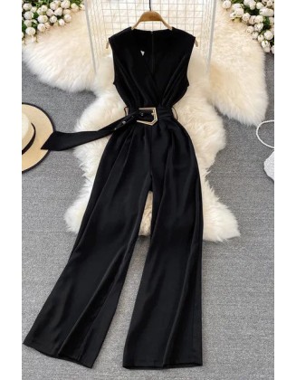 Women Elegant Office Long Wide Leg Pants With Belt Sleeveless Female Playsuits