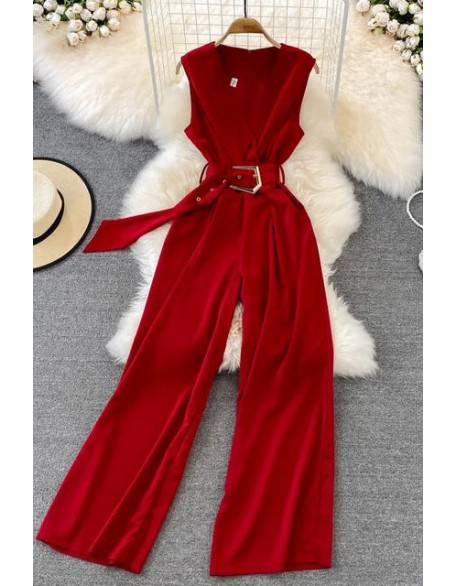 Women Elegant Office Long Wide Leg Pants With Belt Sleeveless Female Playsuits