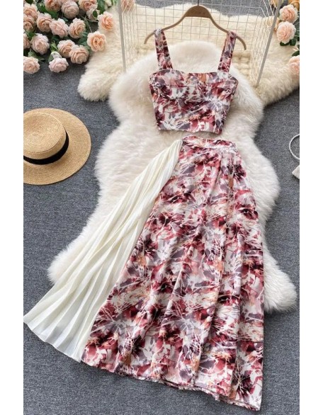 Women Dress Set Fashion Floral Print Pleated Long Skirts + Straps Short Tops Vacation Two Piece Suits