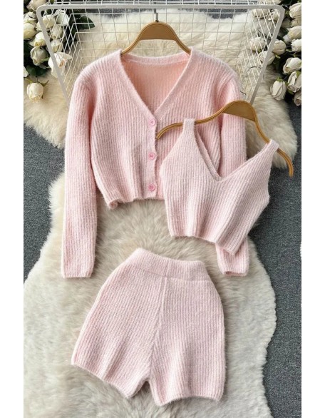 Fashion Three Piece Women Shorts Sets Fashion Crop Tops + Cardigans + Shorts Female Knitted Suit Three-Piece