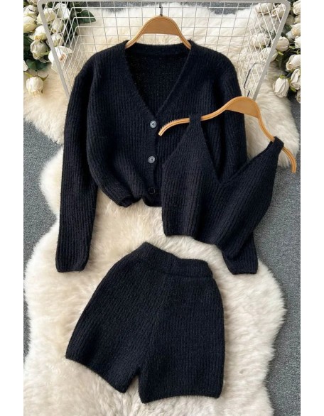 Fashion Three Piece Women Shorts Sets Fashion Crop Tops + Cardigans + Shorts Female Knitted Suit Three-Piece