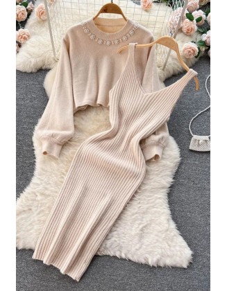 Women Dress Set Elegant Pearl O-neck Knitted Sweaters + Strap Dress Two Piece Suits