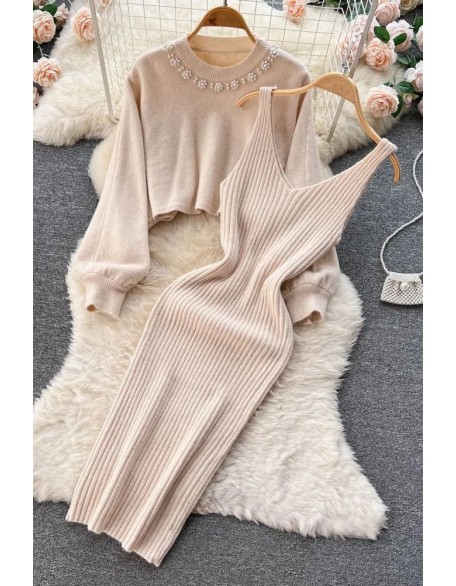 Women Dress Set Elegant Pearl O-neck Knitted Sweaters + Strap Dress Two Piece Suits