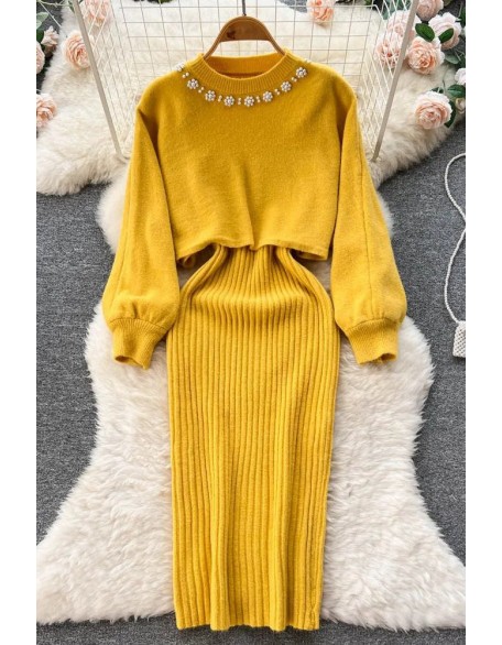 Women Dress Set Elegant Pearl O-neck Knitted Sweaters + Strap Dress Two Piece Suits