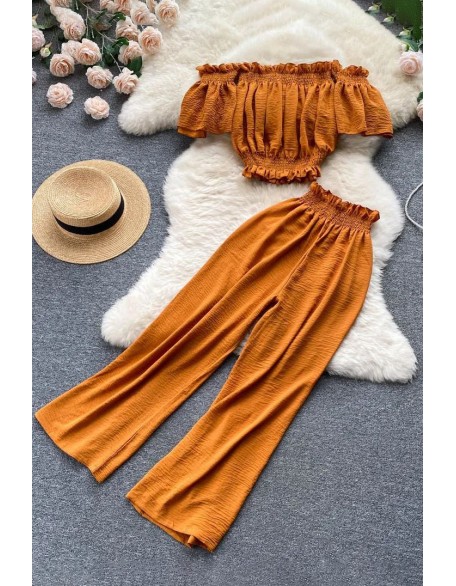 Fashion Beach Two Piece Set Women Off Shoulder Slim Waist Crop Tops + Casual Loose Wide Leg Pants Lady Holiday Suits