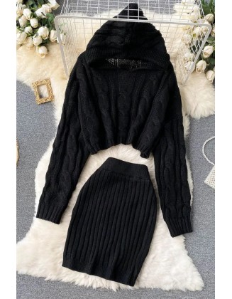 Women Dress Set Fashion Hooded Sweaters Tops + Skinny High Waist Mini Skirts Two PCS Suits