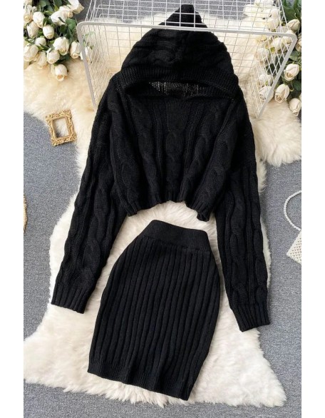 Women Dress Set Fashion Hooded Sweaters Tops + Skinny High Waist Mini Skirts Two PCS Suits