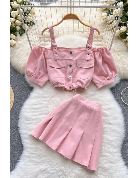 Women Dress Set Fashion Off Shoulder Straps Short Tops + Pleated Mini Skirts Two Piece Suits