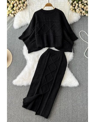 Women Dress Suits  Fashion Batwing Sleeve Sweater Tops + High Waist Split Skirts Suits