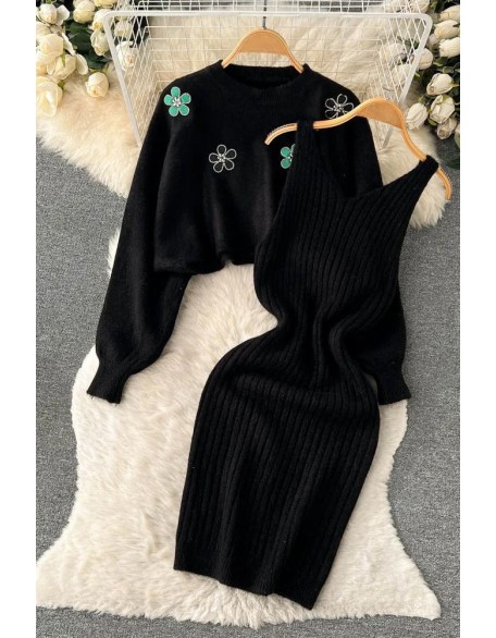 Elegant Women Dress Two Piece Fashion Flower Embroidery Pullover Sweaters + Knitted Mini Dress Suits