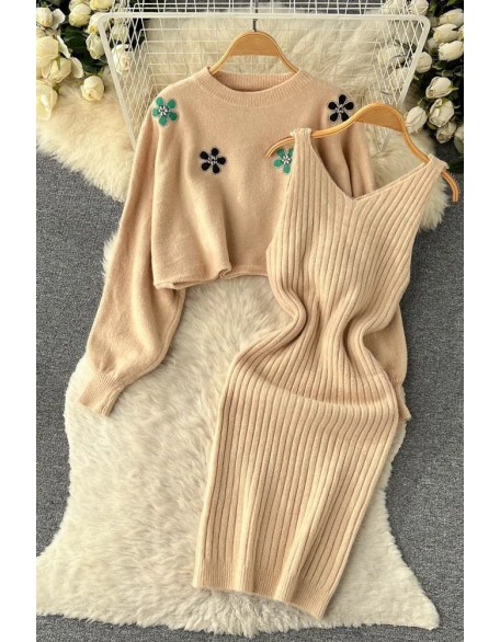 Elegant Women Dress Two Piece Fashion Flower Embroidery Pullover Sweaters + Knitted Mini Dress Suits