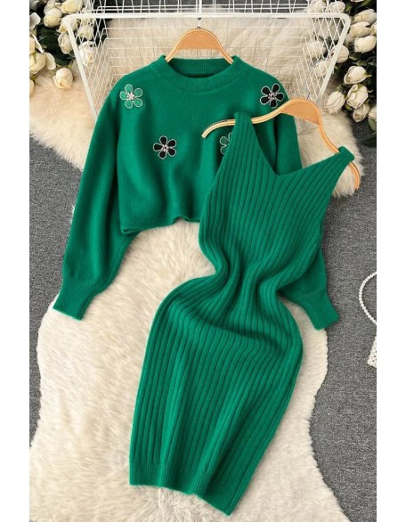 Elegant Women Dress Two Piece Fashion Flower Embroidery Pullover Sweaters + Knitted Mini Dress Suits