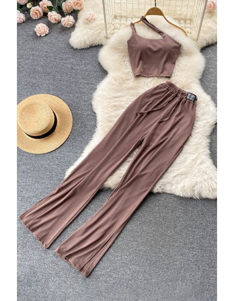 Women Dress Set Fashion Crop Tops + High Waist Bandage Long Pants Beach Two Piece Suits