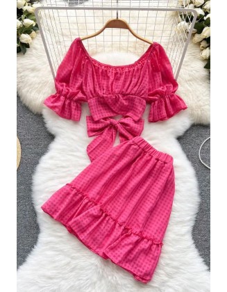 Women Dress Set Fashion Bow Bandage Crop Tops + Elastic High Waist A-line Mini Skirts Two Piece Suis