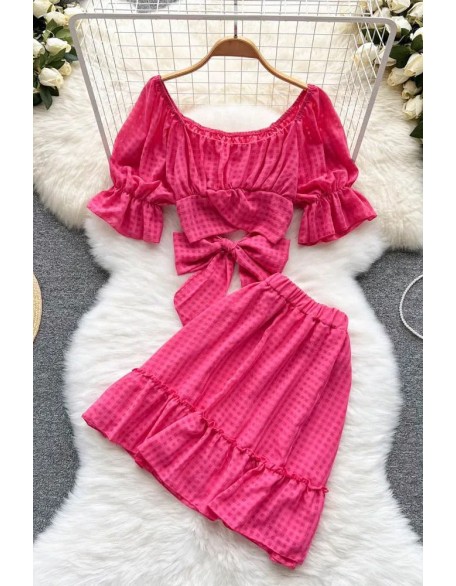 Women Dress Set Fashion Bow Bandage Crop Tops + Elastic High Waist A-line Mini Skirts Two Piece Suis