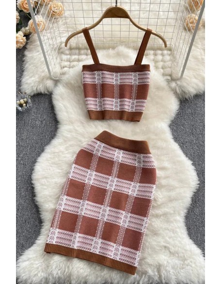 Women Two Piece Fashion Plaid Knitted Short Cami Tops and High Waist Elastic Skirts