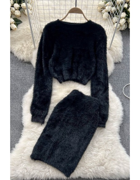 Knit Two Piece Suits Fashion Women Short Tops Mini Skirt Solid Sweater Sets