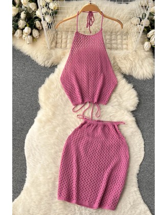 Knit Two Piece Sets Hollow Out Backless Tops Mini Skirt Vacation Beach Style Fashion Sexy Suit