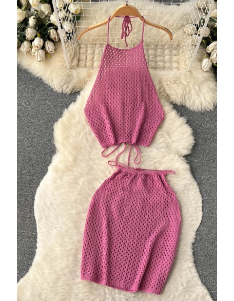 Knit Two Piece Sets Hollow Out Backless Tops Mini Skirt Vacation Beach Style Fashion Sexy Suit