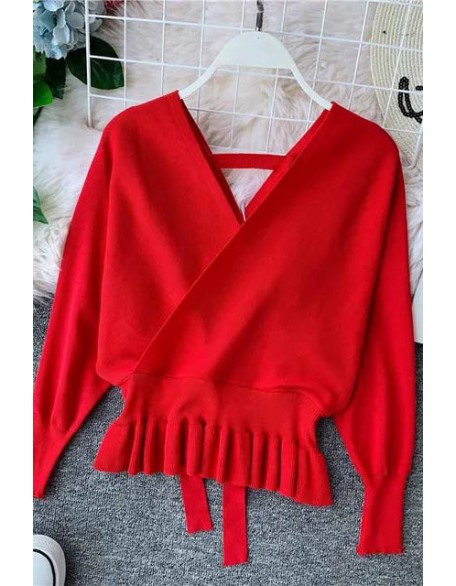 Elegant V Neck Ruffle Sweater Women Fashion Pullover Jumper Knitted Ladies Office Sweater