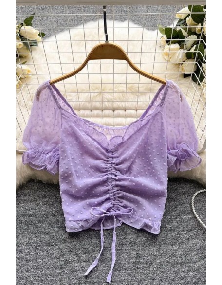 Fashion See Through Breathable Tops Chic Drawstring Ruched Short Women Blouses