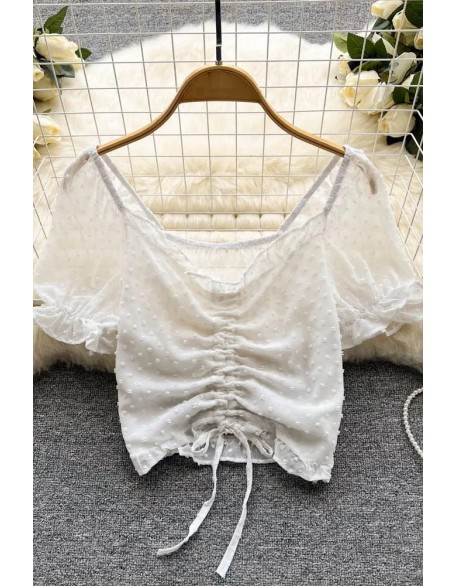 Fashion See Through Breathable Tops Chic Drawstring Ruched Short Women Blouses