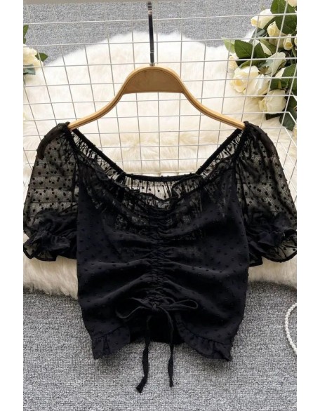 Fashion See Through Breathable Tops Chic Drawstring Ruched Short Women Blouses