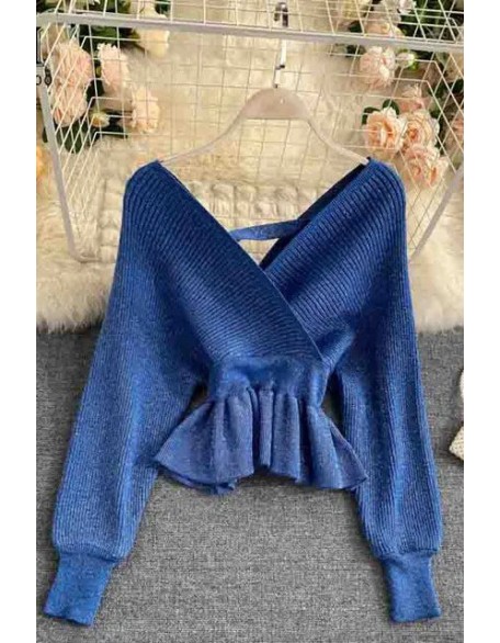 Good Quality Thick Elegant V-neck Ruffled Knitted Pullover Sweater Women Tops Shirt