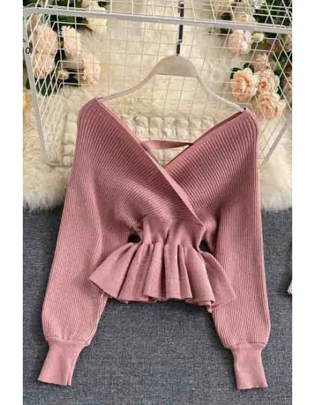 Good Quality Thick Elegant V-neck Ruffled Knitted Pullover Sweater Women Tops Shirt