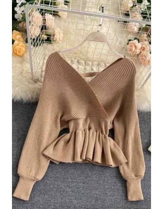 Good Quality Thick Elegant V-neck Ruffled Knitted Pullover Sweater Women Tops Shirt