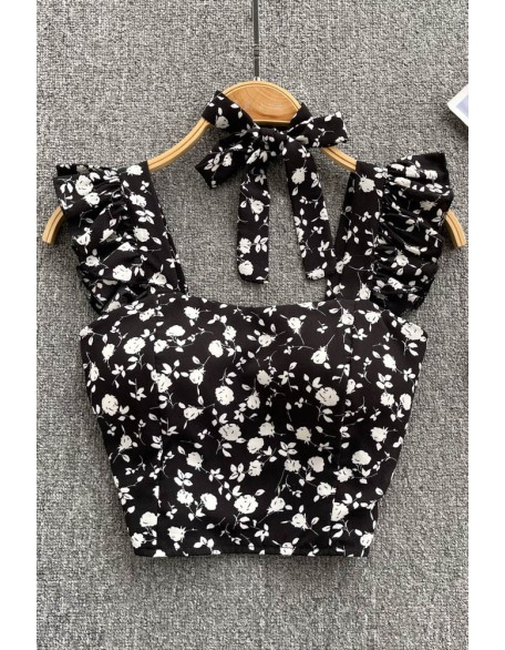 Floral Strap Tops Women Square Neck Bow Ruffles Short Camisole Fashion Flower Ladies Elastic Waist Top