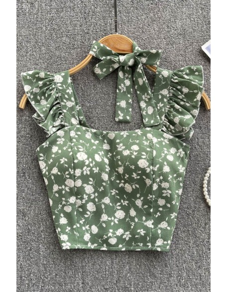 Floral Strap Tops Women Square Neck Bow Ruffles Short Camisole Fashion Flower Ladies Elastic Waist Top