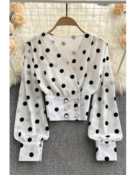 Women Polka Dot Shirts Vintage Double Breasted Long Sleeve Slim Tops