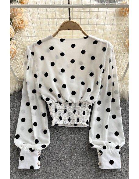 Women Polka Dot Shirts Vintage Double Breasted Long Sleeve Slim Tops