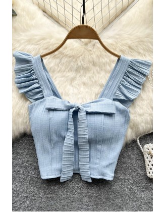 Ruffled Women Square Neck Sleeveless Bow Elastic Waist Strap Top Ladies Sweet Short Tank Top