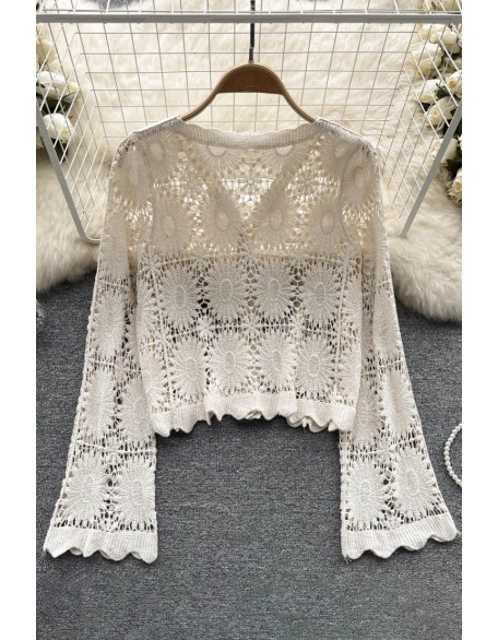 Sunscreen Floral Cardigans Women V Neck Long Sleeves Loose Knitted Top Fashion Beach Vacation Blouse