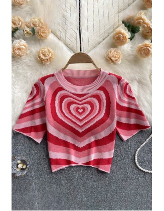 Women Short Sleeves Knitted Tops O Neck Elastic Waist Short T Shirt Style Heart Print Knit Blouse