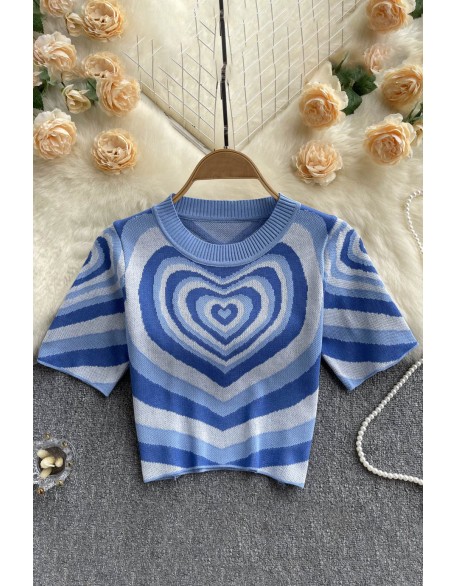 Women Short Sleeves Knitted Tops O Neck Elastic Waist Short T Shirt Style Heart Print Knit Blouse