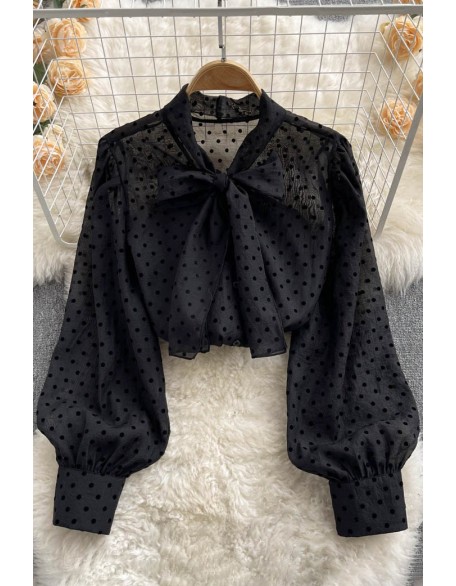 Polka Dot Blouse Women Sweet Bow Collar Long Sleeve Lady Tops Elegant Chiffon Shirts