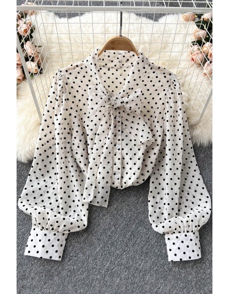 Polka Dot Blouse Women Sweet Bow Collar Long Sleeve Lady Tops Elegant Chiffon Shirts