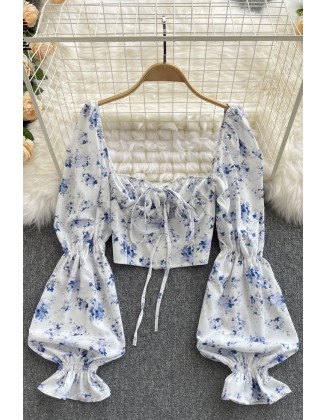 Floral Blouse Women Sexy Off Shoulder Floral Shirt Fashion Back Female Lantern Sleeves Corset Print Tops